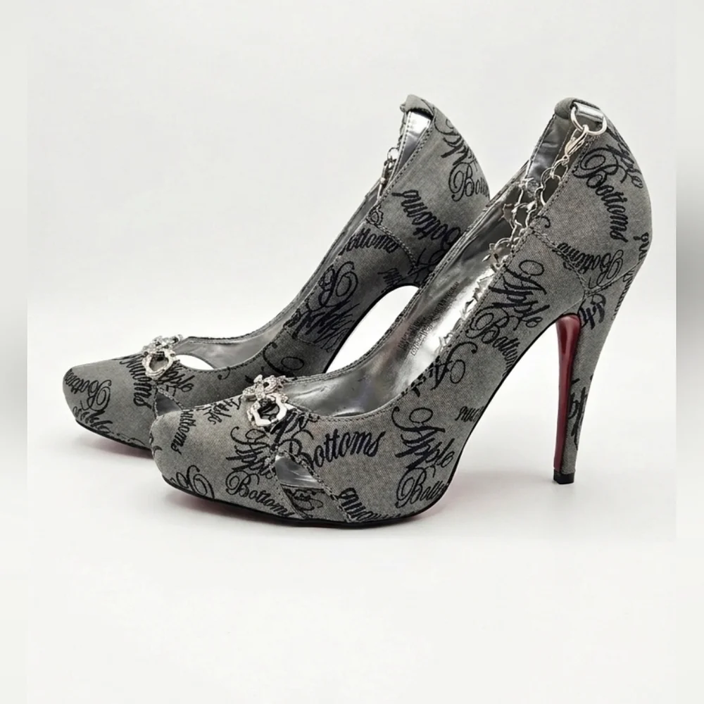 Apple Bottoms Monogram Y2K Denim Heels with Rhinestone Chain Detail - Picture 2 of 5